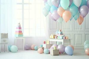 Festive birthday party decorations on table with cake, present boxes and balloons on pastel color concept by AI Generated photo