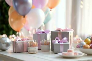 Festive birthday party decorations on table with cake, present boxes and balloons on pastel color concept by AI Generated photo