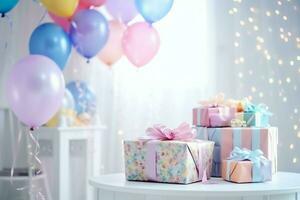 Festive birthday party decorations on table with cake, present boxes and balloons on pastel color concept by AI Generated photo