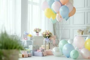 Festive birthday party decorations on table with cake, present boxes and balloons on pastel color concept by AI Generated photo