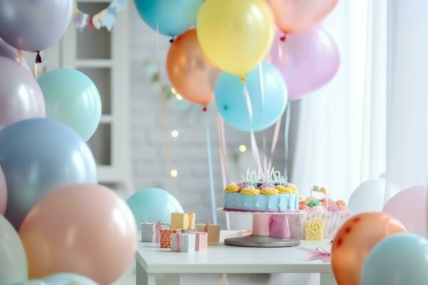 Festive birthday party decorations on table with cake, present boxes and  balloons on pastel color concept by AI Generated 31350990 Stock Photo at  Vecteezy