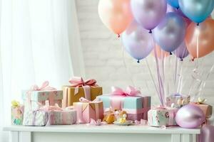 Festive birthday party decorations on table with cake, present boxes and balloons on pastel color concept by AI Generated photo