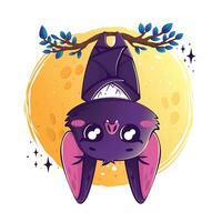 Kawaii bat hanging upside down on a branch against the backdrop of the full moon vector