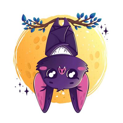 Kawaii bat hanging upside down on a branch against the backdrop of the full moon