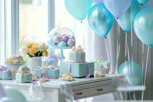 Festive birthday party decorations on table with cake, present boxes and balloons on pastel color concept by AI Generated photo