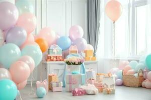 Festive birthday party decorations on table with cake, present boxes and balloons on pastel color concept by AI Generated photo