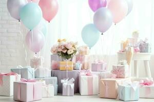 Festive birthday party decorations on table with cake, present boxes and balloons on pastel color concept by AI Generated photo