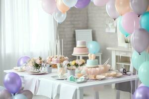 Festive birthday party decorations on table with cake, present boxes and balloons on pastel color concept by AI Generated photo