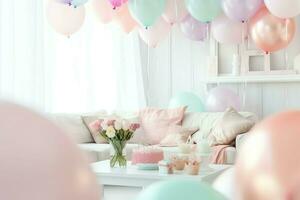 Festive birthday party decorations on table with cake, present boxes and balloons on pastel color concept by AI Generated photo