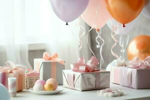Festive birthday party decorations on table with cake, present boxes and balloons on pastel color concept by AI Generated photo