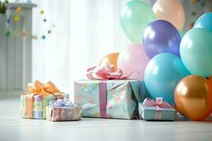 Festive birthday party decorations on table with cake, present boxes and balloons on pastel color concept by AI Generated photo