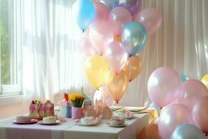 Festive birthday party decorations on table with cake, present boxes and balloons on pastel color concept by AI Generated photo