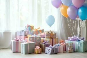 Festive birthday party decorations on table with cake, present boxes and balloons on pastel color concept by AI Generated photo