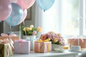 Festive birthday party decorations on table with cake, present boxes and balloons on pastel color concept by AI Generated photo