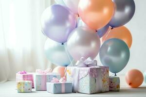 Festive birthday party decorations on table with cake, present boxes and balloons on pastel color concept by AI Generated photo