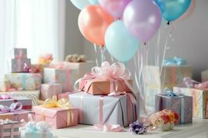 Festive birthday party decorations on table with cake, present boxes and balloons on pastel color concept by AI Generated photo