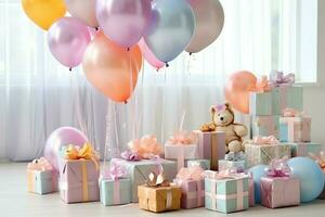 Festive birthday party decorations on table with cake, present boxes and balloons on pastel color concept by AI Generated photo