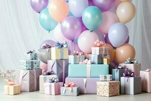 Festive birthday party decorations on table with cake, present boxes and balloons on pastel color concept by AI Generated photo