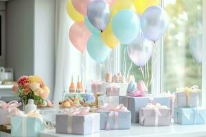 Festive birthday party decorations on table with cake, present boxes and balloons on pastel color concept by AI Generated photo