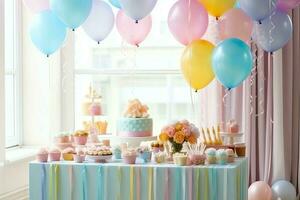 Festive birthday party decorations on table with cake, present boxes and balloons on pastel color concept by AI Generated photo
