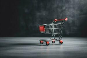 Composition of black friday shopping cart with gift boxes or bags on dark background and copy space concept by AI Generated photo