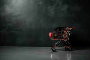 Composition of black friday shopping cart with gift boxes or bags on dark background and copy space concept by AI Generated photo