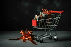 Composition of black friday shopping cart with gift boxes or bags on dark background and copy space concept by AI Generated photo