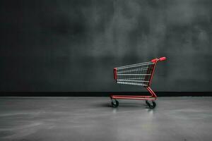 Composition of black friday shopping cart with gift boxes or bags on dark background and copy space concept by AI Generated photo