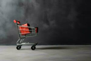 Composition of black friday shopping cart with gift boxes or bags on dark background and copy space concept by AI Generated photo