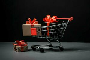 Composition of black friday shopping cart with gift boxes or bags on dark background and copy space concept by AI Generated photo