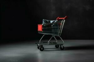 Composition of black friday shopping cart with gift boxes or bags on dark background and copy space concept by AI Generated photo