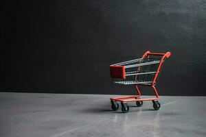 Composition of black friday shopping cart with gift boxes or bags on dark background and copy space concept by AI Generated photo