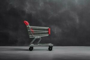 composición de negro viernes compras carro con regalo cajas o pantalones en oscuro antecedentes y Copiar espacio concepto por ai generado foto