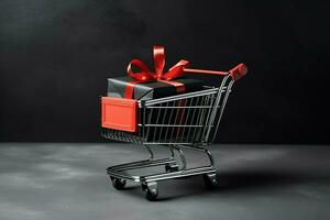 Composition of black friday shopping cart with gift boxes or bags on dark background and copy space concept by AI Generated photo