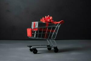 Composition of black friday shopping cart with gift boxes or bags on dark background and copy space concept by AI Generated photo