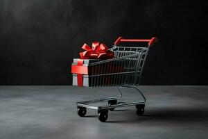 Composition of black friday shopping cart with gift boxes or bags on dark background and copy space concept by AI Generated photo