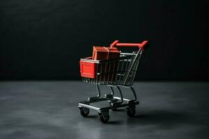 Composition of black friday shopping cart with gift boxes or bags on dark background and copy space concept by AI Generated photo