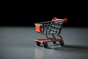 composición de negro viernes compras carro con regalo cajas o pantalones en oscuro antecedentes y Copiar espacio concepto por ai generado foto