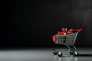 Composition of black friday shopping cart with gift boxes or bags on dark background and copy space concept by AI Generated photo