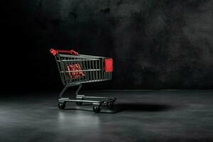 composición de negro viernes compras carro con regalo cajas o pantalones en oscuro antecedentes y Copiar espacio concepto por ai generado foto