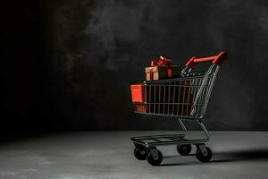 Composition of black friday shopping cart with gift boxes or bags on dark background and copy space concept by AI Generated photo