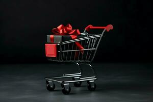 Composition of black friday shopping cart with gift boxes or bags on dark background and copy space concept by AI Generated photo