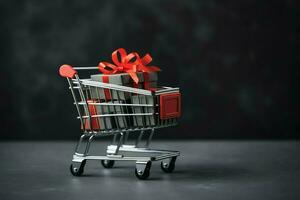 Composition of black friday shopping cart with gift boxes or bags on dark background and copy space concept by AI Generated photo