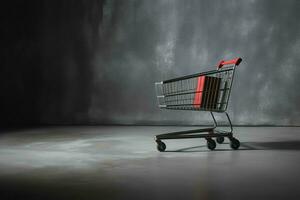 composición de negro viernes compras carro con regalo cajas o pantalones en oscuro antecedentes y Copiar espacio concepto por ai generado foto