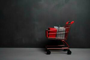 Composition of black friday shopping cart with gift boxes or bags on dark background and copy space concept by AI Generated photo