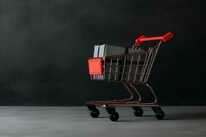 Composition of black friday shopping cart with gift boxes or bags on dark background and copy space concept by AI Generated photo