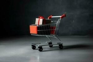 Composition of black friday shopping cart with gift boxes or bags on dark background and copy space concept by AI Generated photo