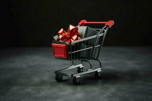 Composition of black friday shopping cart with gift boxes or bags on dark background and copy space concept by AI Generated photo