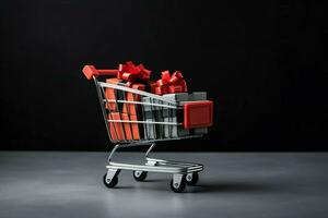 Composition of black friday shopping cart with gift boxes or bags on dark background and copy space concept by AI Generated photo