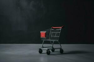 Composition of black friday shopping cart with gift boxes or bags on dark background and copy space concept by AI Generated photo